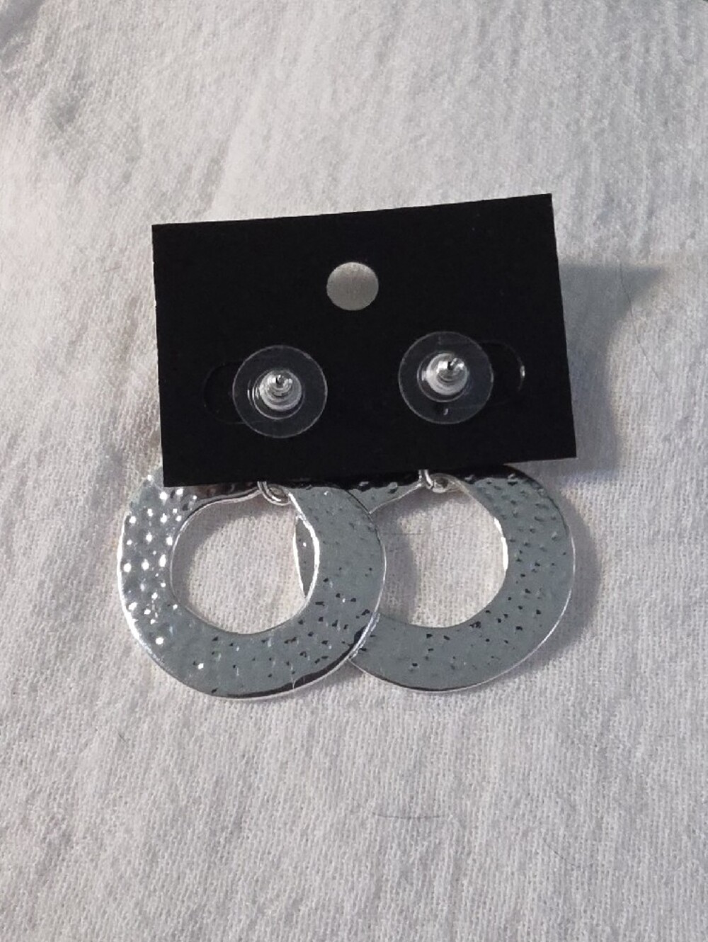Chico's Shiny Silver Hammered Open Hoop Drop Earrings - Picture 2 of 4